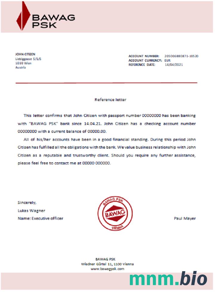 Przykład odniesienia Austria BAWAG PSK w formatach Word i PDF